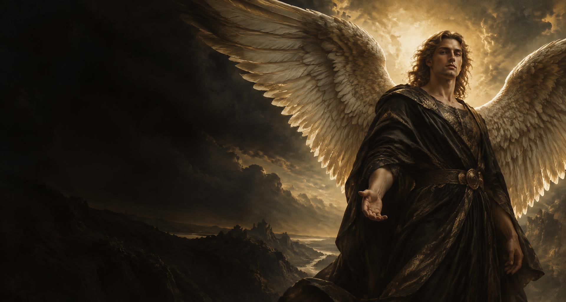 A dignified winged angel carrying dawn’s light into a dark landscape