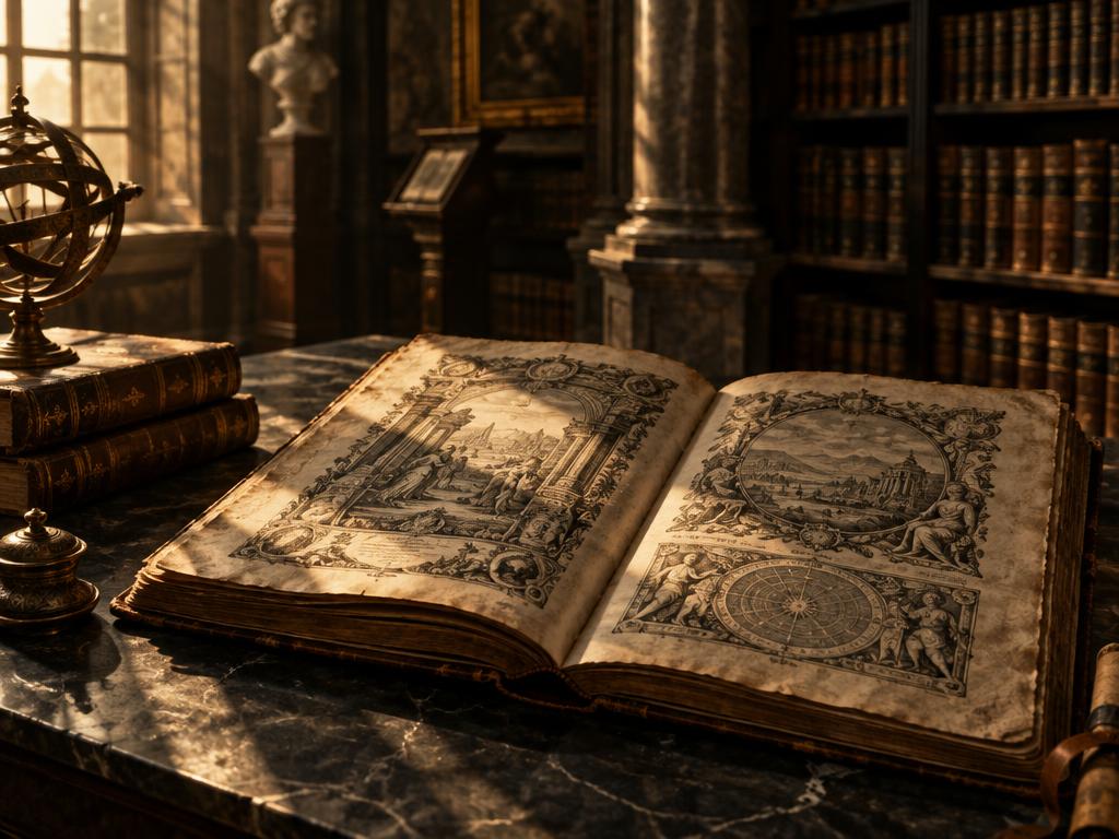 An ancient manuscript open in a celestial library